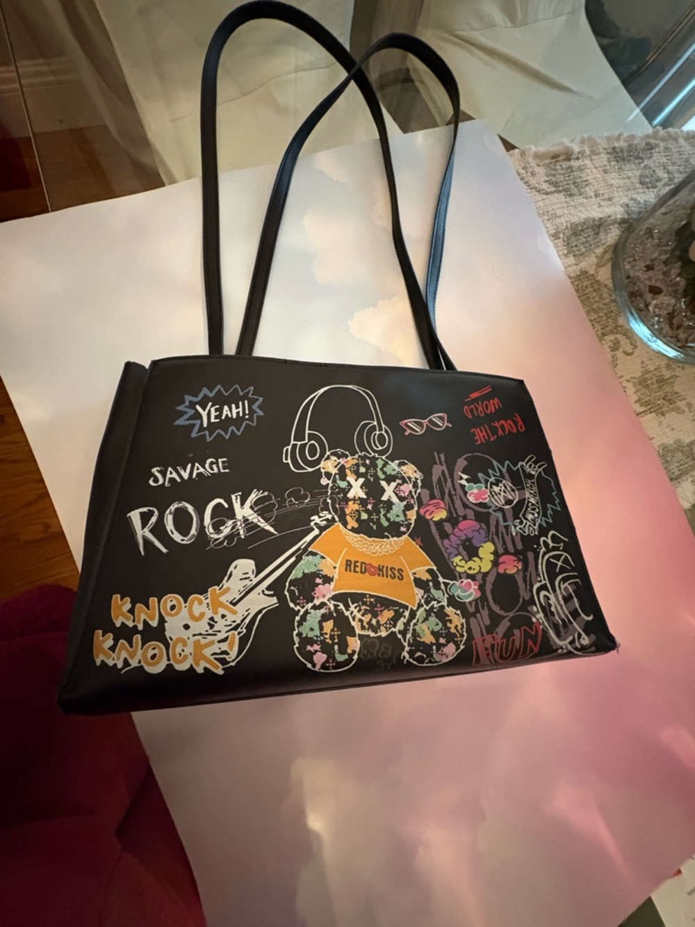 Black Graphic  Anime Print Shoulder Bag  Redkiss